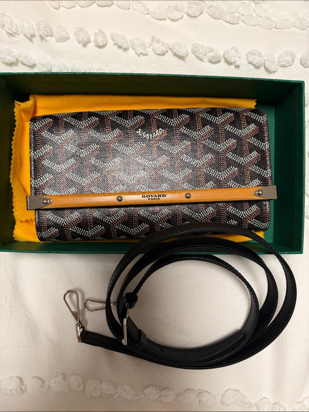 Goyard Brown Chevron Crossbody Wallet with Tan Accent and Black Strap